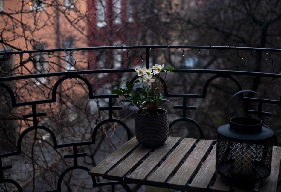 Geurige bloemen omringen tuinstoelen op balkon.